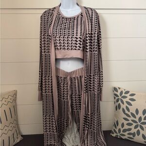 Geometric Patterned Three-Piece Set, Crop Tank, Leggings, Long Open Cardigan, L